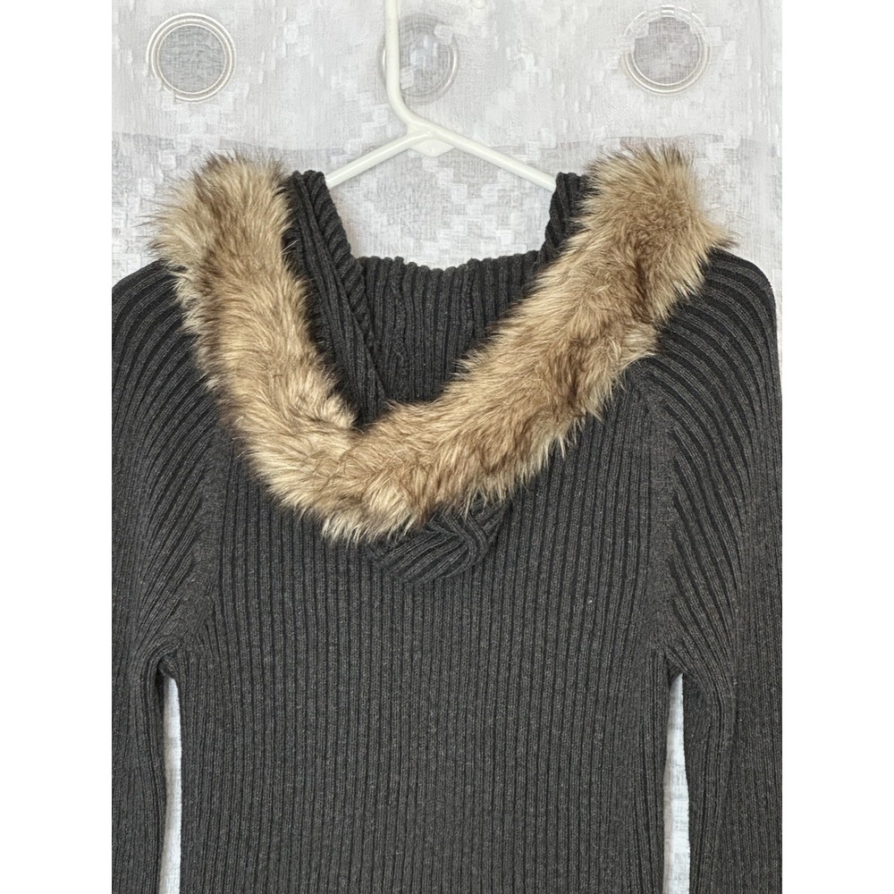 Vintage Womens Y2K Cable Knit Full Zip Hoodie Faux Fur Collar Preppy Small - Picture 5 of 8